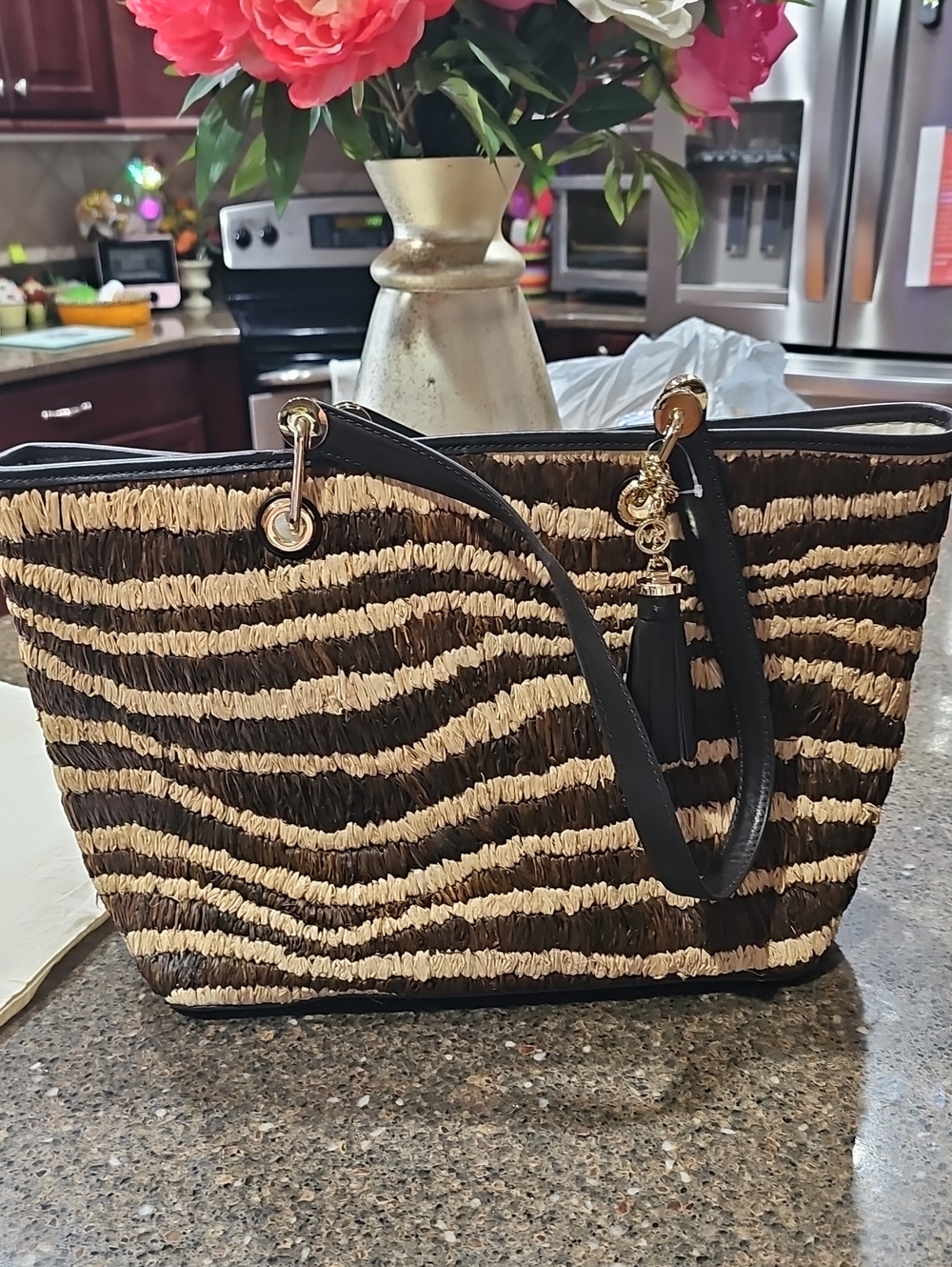 Michael Kors !Woven Brown and Natural Straw Tote Bag with Tassel.